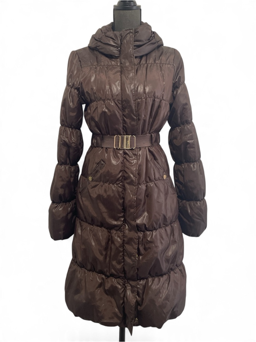 H&M Chocolate Brown Quilted Belted Long Puffer Coat with Belt size 2